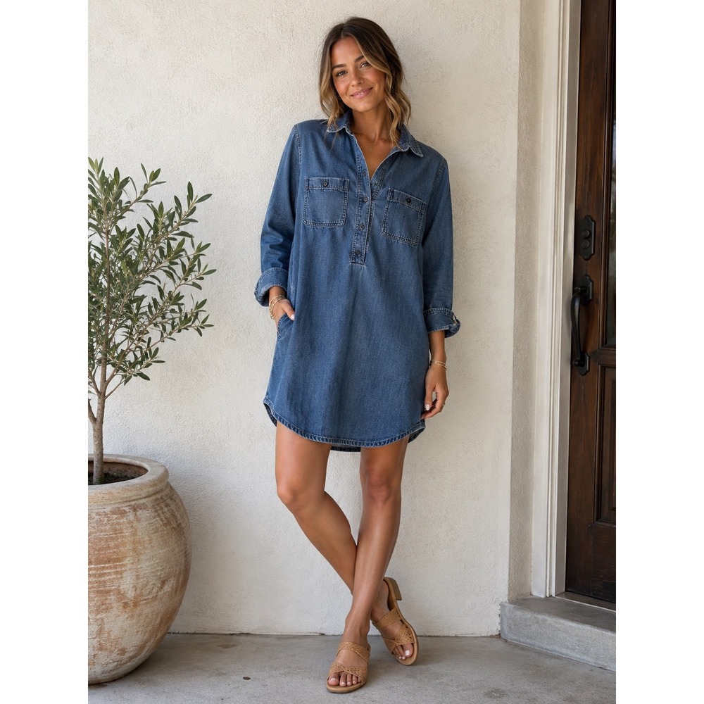 Madewell Denim Shirt Dress Long Sleeve Blue Size Small Casual Chambray Pocket